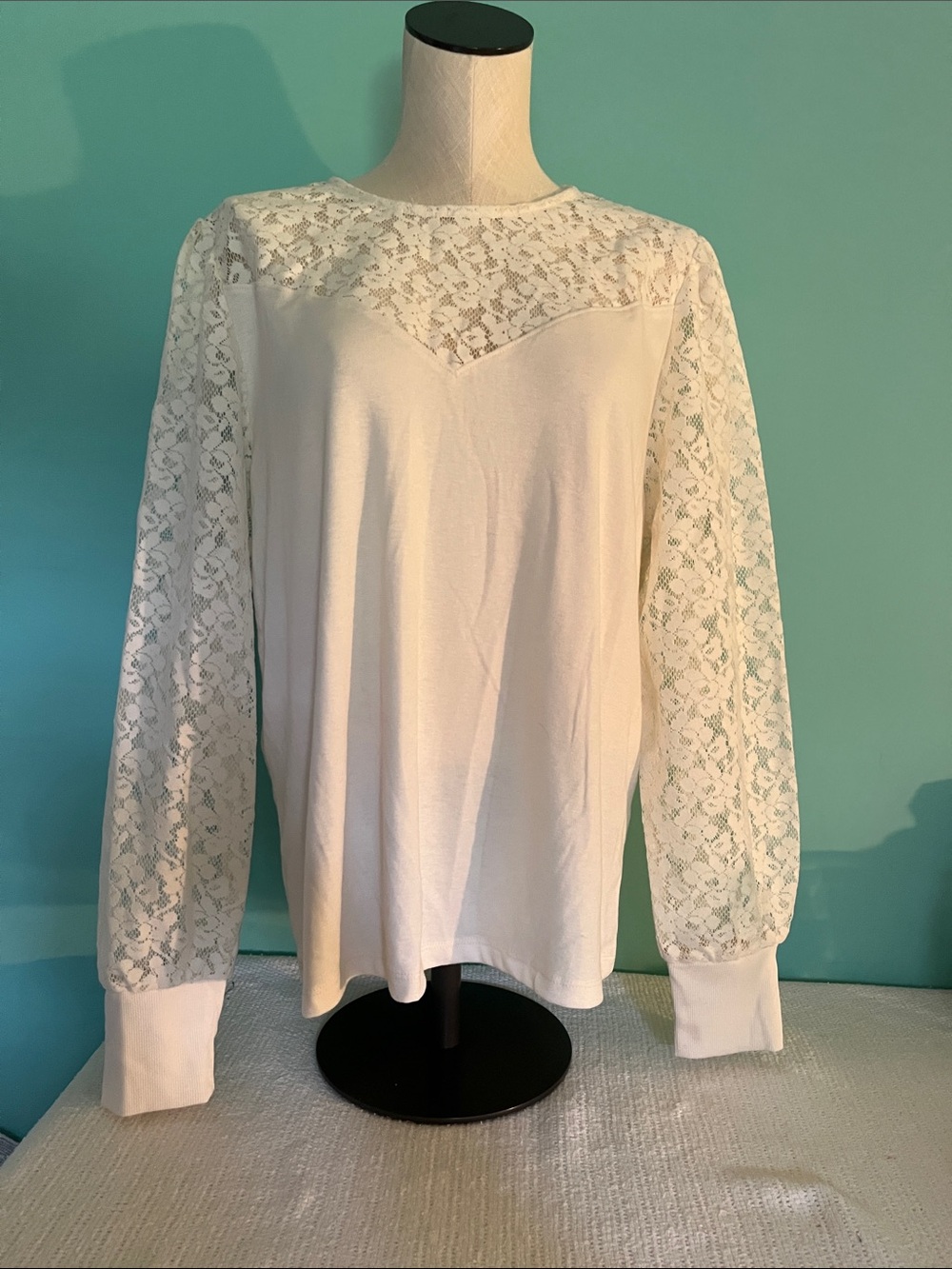 LOFT White Lace-Yoke Long Sleeve Sweatshirt